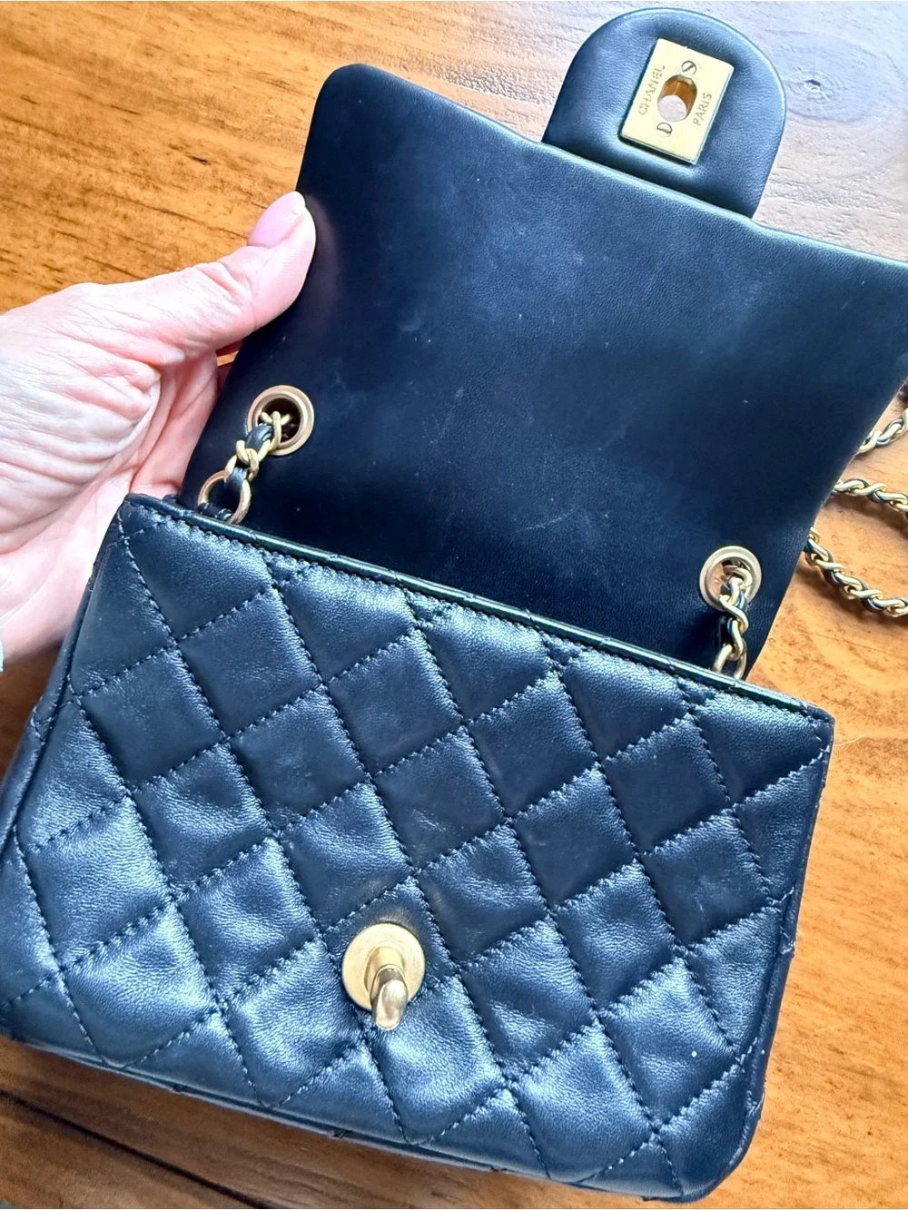 Chanel Black Quilted Lamb Ski  Mini Pearl Crush Flap Bag with Gold Chain